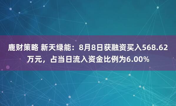 鹿财策略 新天绿能：8月8日获融资买入568.62万元，占当日流入资金比例为6.00%